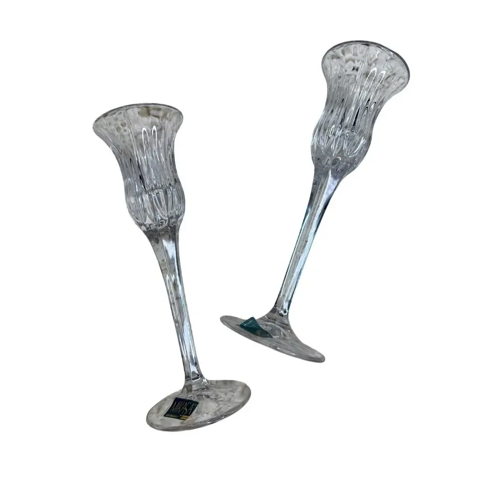 VTG MIKASA Icicles Crystal Long Stem Tulip Shaped Candlestick Holder Set of Two